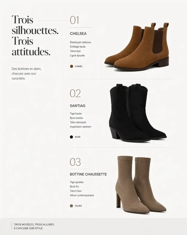 Bottines daim : comparatif visuel de bottines Chelsea, santiag et chaussette en camel, noir et taupe