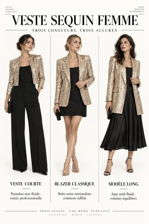 Trois façons de porter une veste sequin femme avec pantalon, robe ou jupe