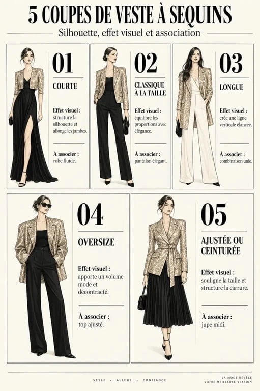 Infographie des coupes de veste sequin femme et de leurs associations