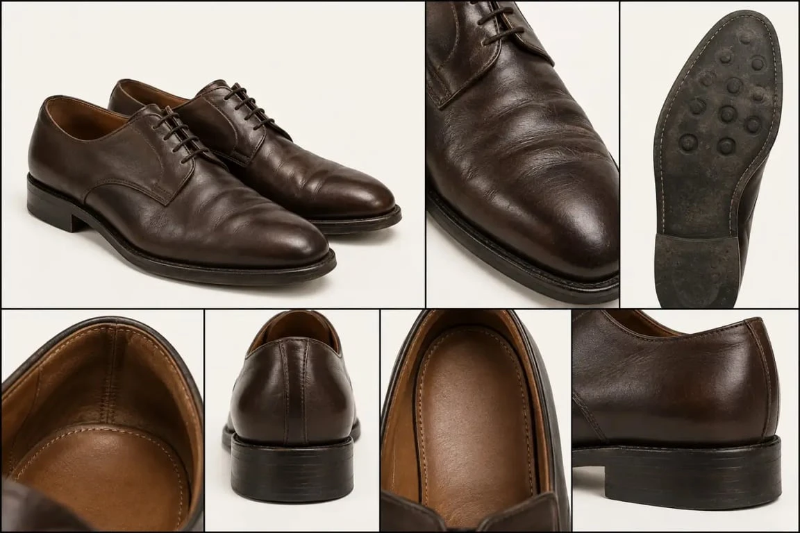 Chaussures seconde main avec vue détaillée des zones à contrôler avant l'achat