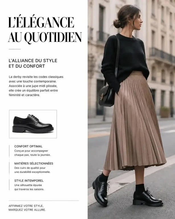 Look féminin avec des chaussures derby pour femme