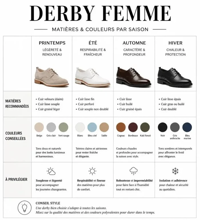 Tableau comparatif des matières et couleurs de chaussures derby pour femme par saison