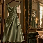 Robe cocktail femme midi satin vert sauge, cabine d’essayage