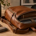 Sac à dos femme élégant cuir cognac, bureau et ordinateur
