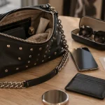 Sac clouté noir ouvert, chaîne et essentiels, format et confort