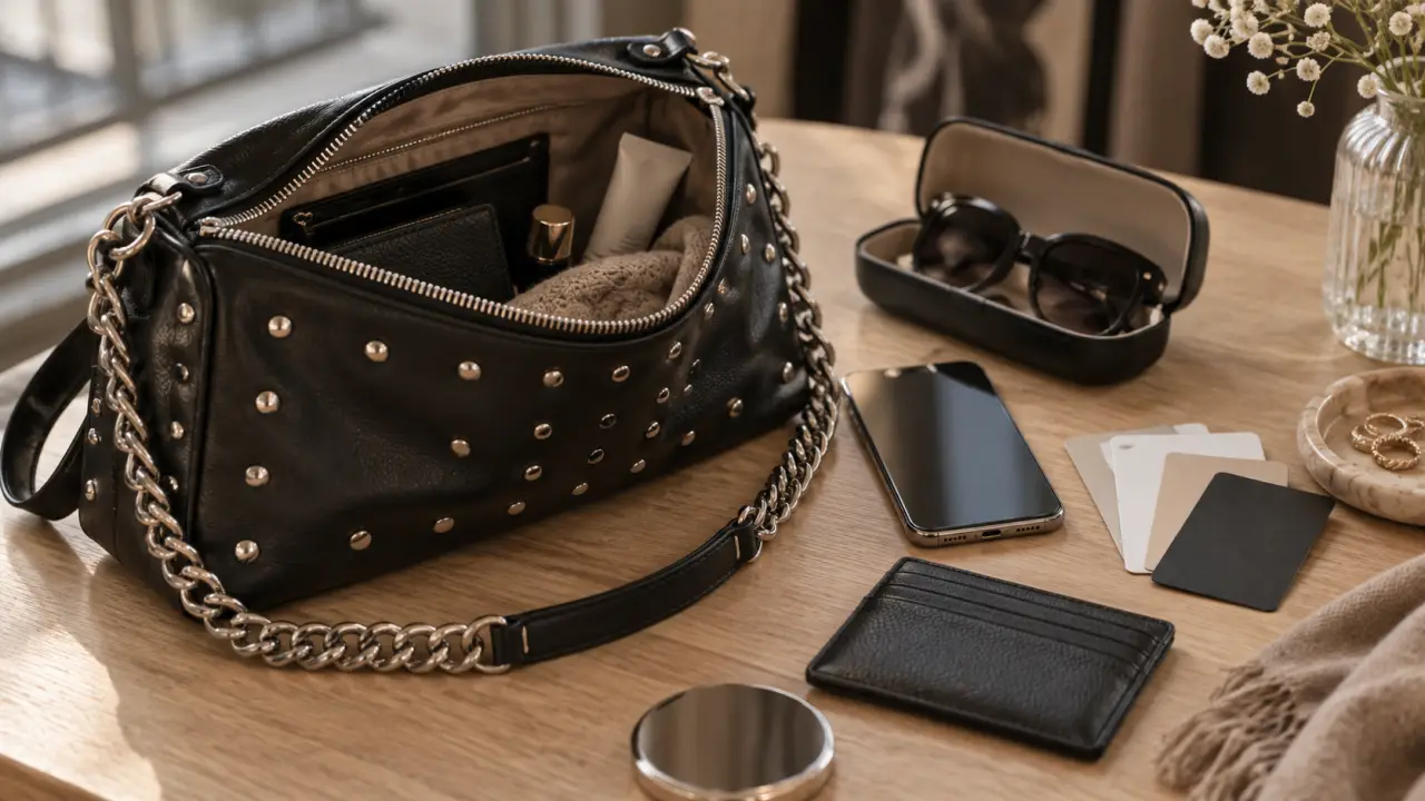 Sac clouté noir ouvert, chaîne et essentiels, format et confort