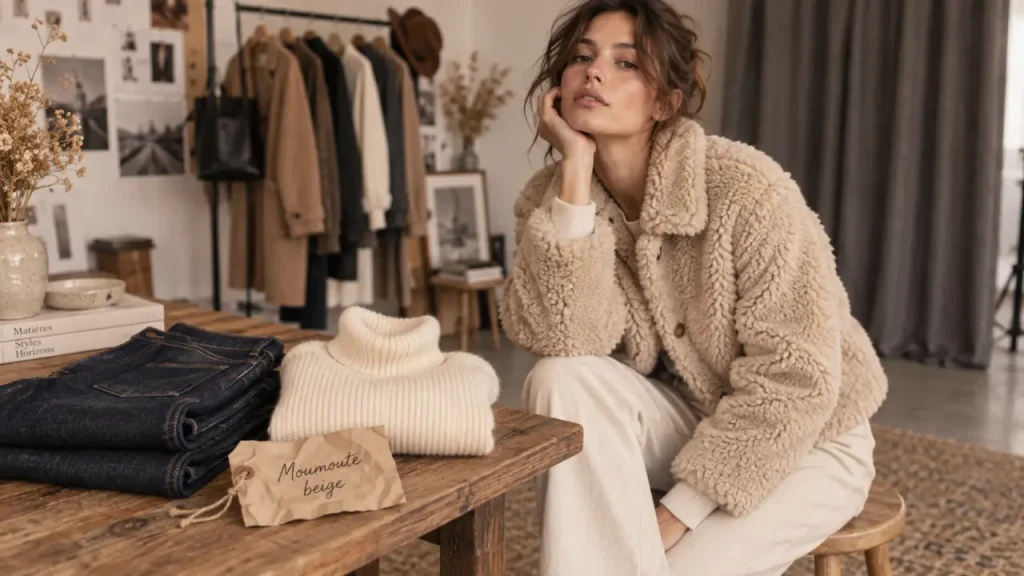 La veste moumoute beige réchauffe la silhouette, à condition de choisir la bonne coupe