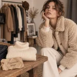 Veste moumoute beige sur mannequin, studio, vue poitrine