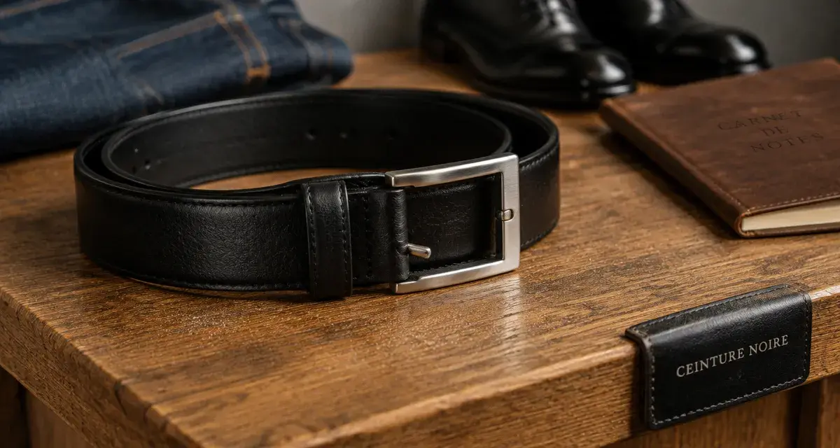 Ceinture noir en cuir, gros plan boucle argentée et surpiqûres