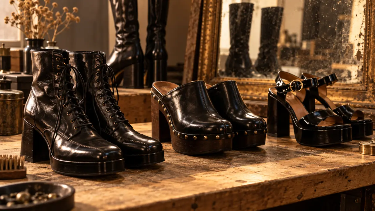 Chaussure femme annee 70 : bottes, sabots et plateformes en cuir noir