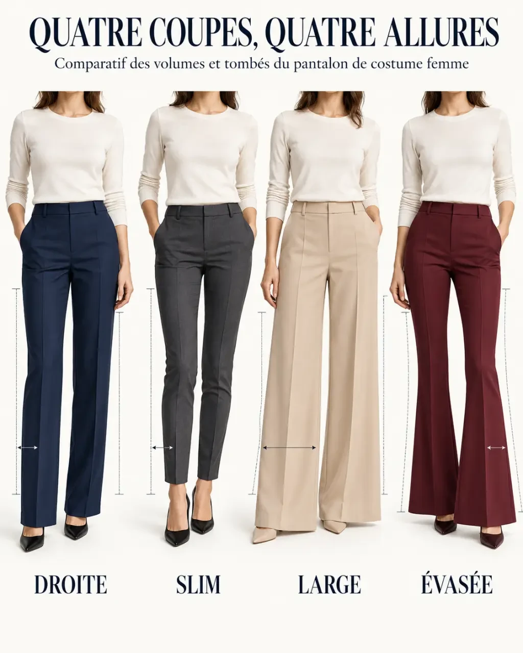 Pantalon femme costume : comparaison visuelle des coupes droite, slim, large et évasée