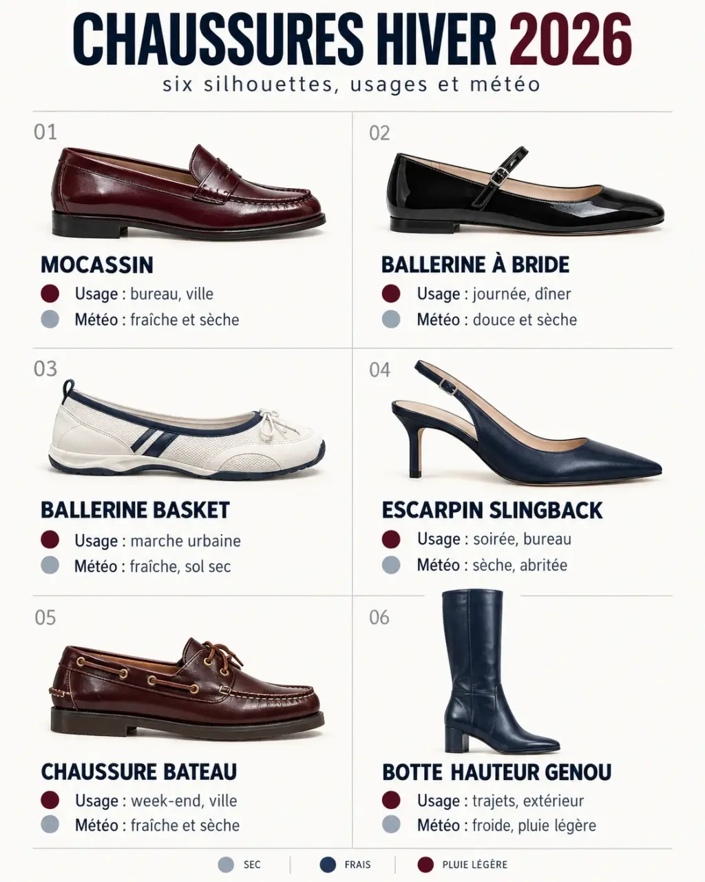 Infographie des tendances chaussures hiver 2026 et des modèles adaptés à chaque usage