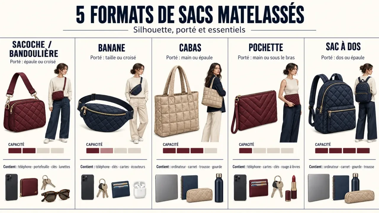 Infographie des formats de sacoche matelassée femme et de leurs usages