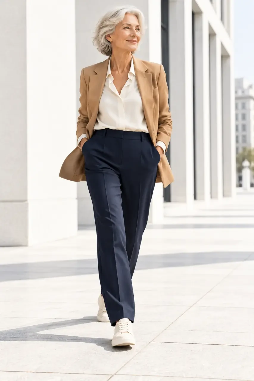 Mode chic femme 70 ans : silhouette élégante et confortable avec pantalon marine, blouse claire et blazer