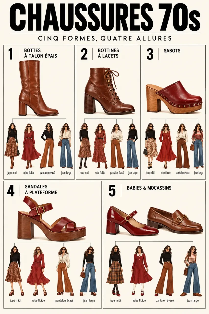 Chaussure femme année 70 : formes rétro, bottes, sabots, plateformes et babies