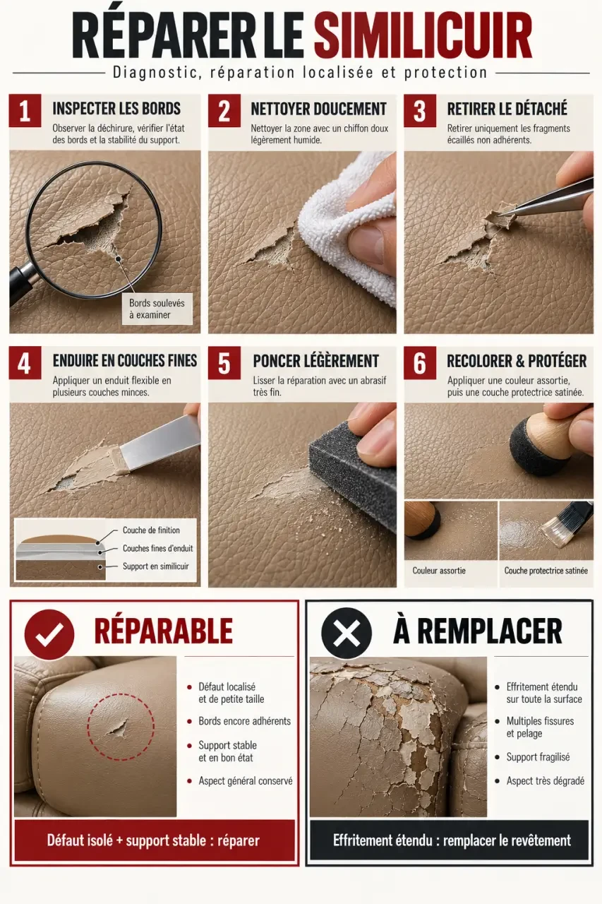 Étapes illustrées pour réparer du similicuir effrité ou craquelé