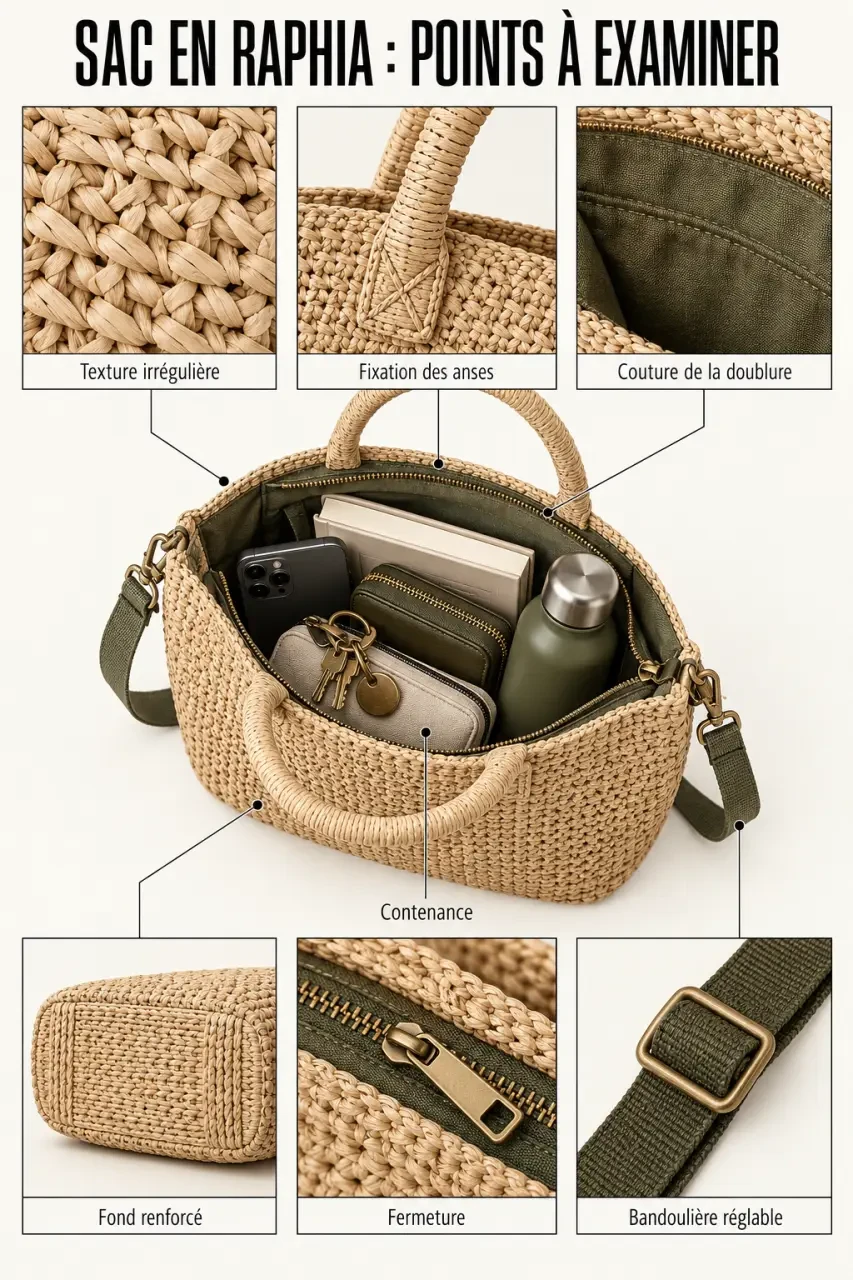 Détails de fabrication et contenance d’un sac raphia femme