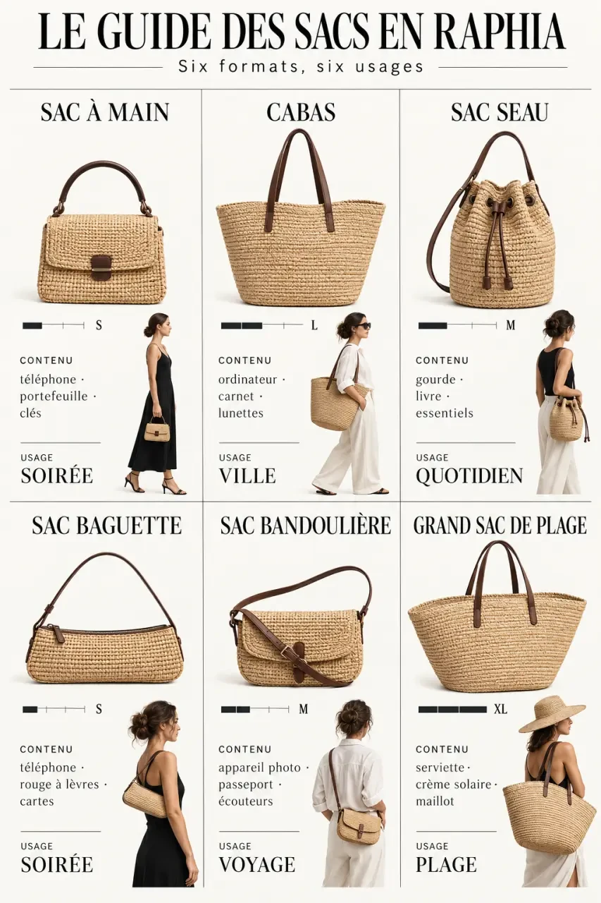 Formats de sac raphia femme : cabas, sac à main, seau, baguette, bandoulière et sac de plage