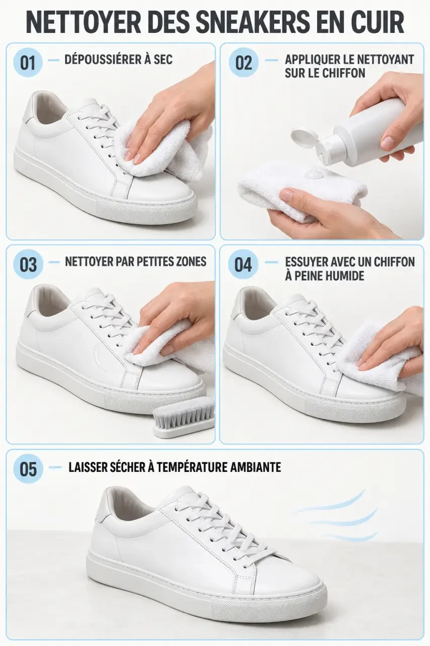 Illustration des étapes pour nettoyer des sneakers blanches en cuir avec un chiffon doux et un nettoyant adapté