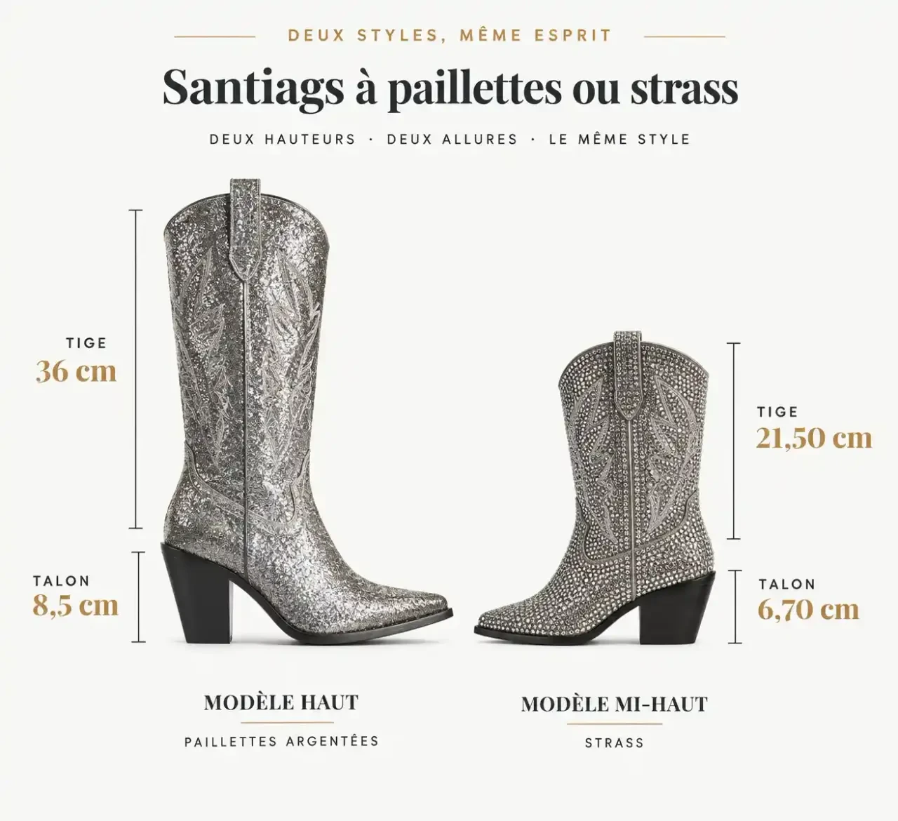 Comparaison de deux santiags à paillettes : hauteur de talon et de tige d'un modèle haut et d'un modèle mi-haut à strass