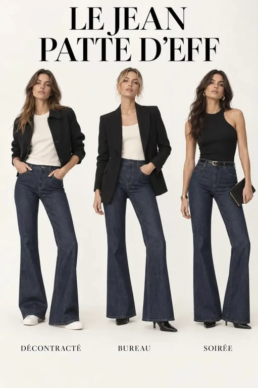 Trois idées de looks avec un jean patte d'eph et différentes chaussures