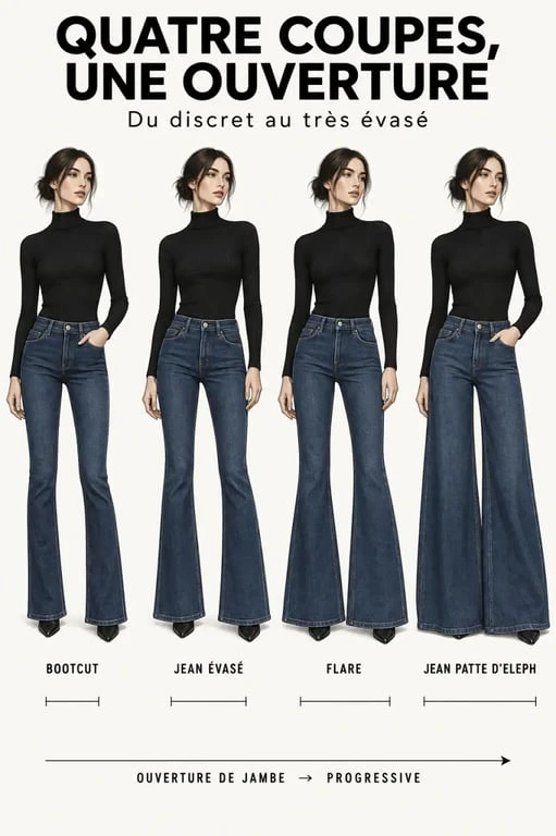 Jean patte d'eph comparé aux coupes flare, bootcut et évasée