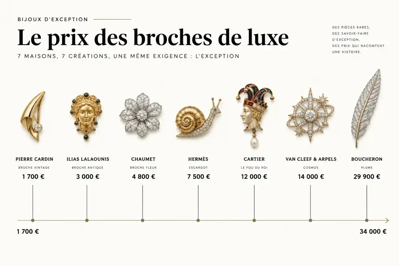 Échelle des prix d'une broche femme luxe, de Pierre Cardin à Boucheron, de 1 700 € à 29 900 €