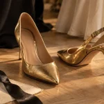 Escarpin dore doré talon mi-haut sur parquet bois clair