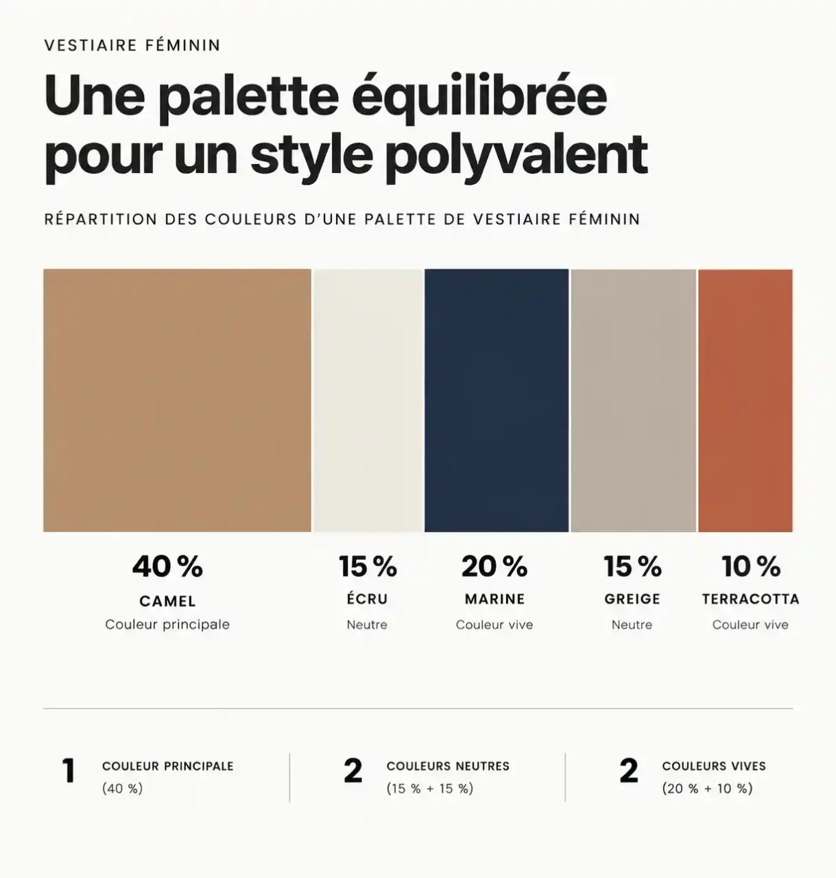 Palette de couleurs pour composer un vestiaire féminin élégant et durable : camel, écru, marine, greige et terracotta