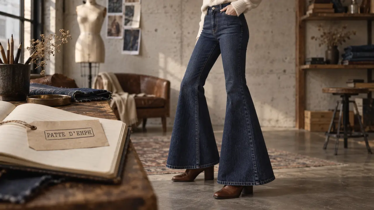 Jean patte d'eph bleu à taille haute, effet allongeant la silhouette