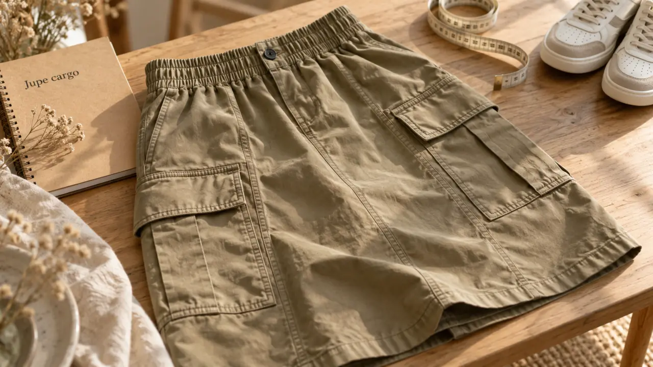 Jupe cargo femme kaki avec poches et ceinture élastique