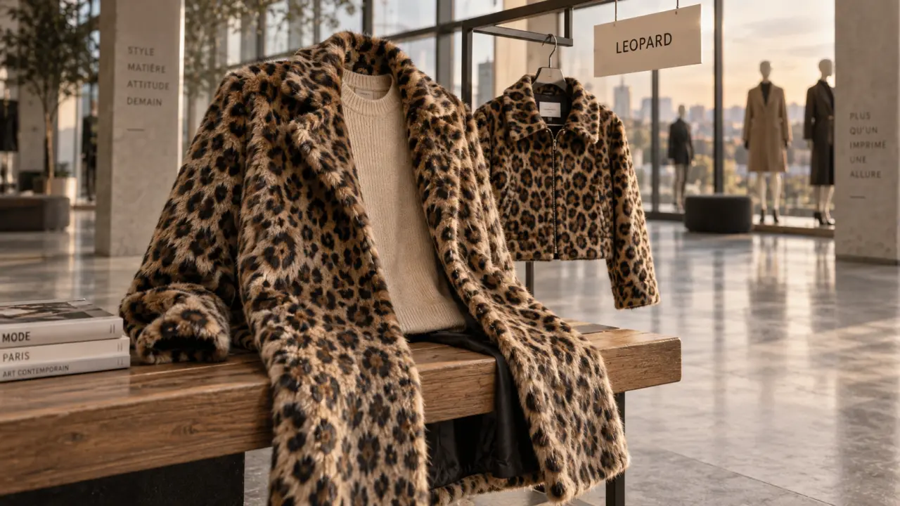 Manteau leopard mi-long chic et confortable, texture et taches visibles