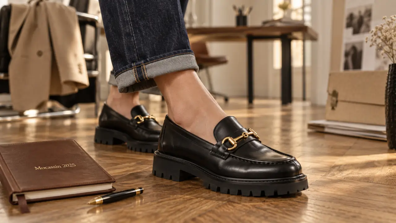 Mocassin femme tendance 2025 noir et doré en cuir, vue au sol