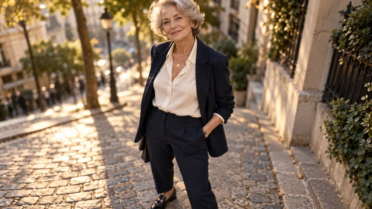 Mode chic femme 70 ans : femme élégante pantalon marine et blouse