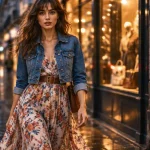 Quelle veste avec une robe longue : veste courte en jean bleue avec robe longue