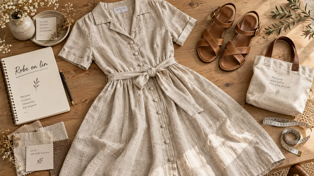 Robe en lin femme beige : texture du lin et coupe évasée