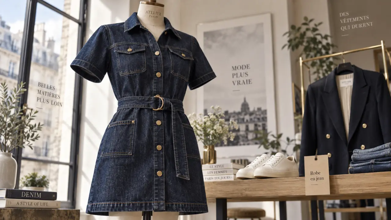 Robe jean femme en denim brut en showroom, vue rapprochée