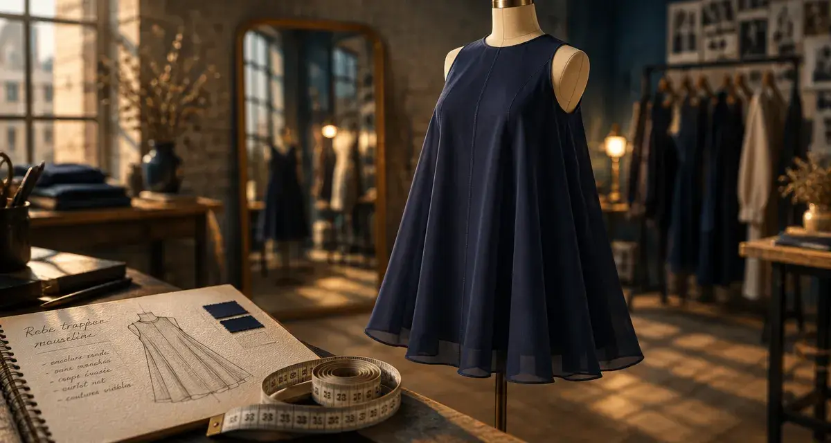 Robe trapèze femme en mousseline noire ou bleu marine en studio