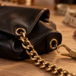 Sac en chaine noir : chaîne dorée et œillets, longueur et poids