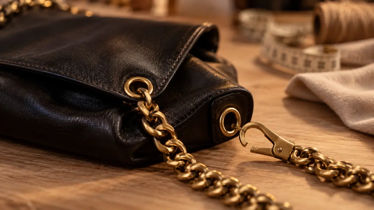Sac en chaine noir : chaîne dorée et œillets, longueur et poids