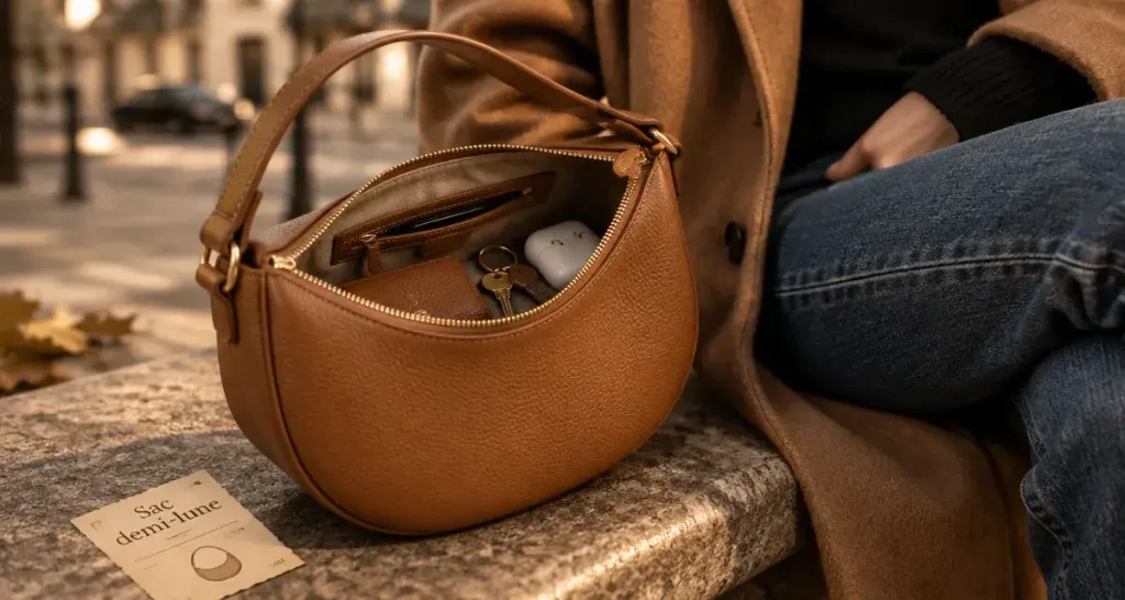 Le sac demi-lune femme, compact, élégant et facile à porter au quotidien