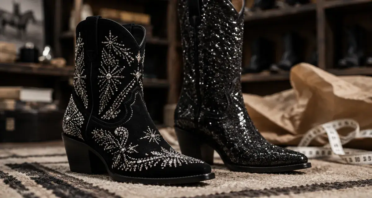 Santiag paillettes noires scintillantes en boutique, tige strass