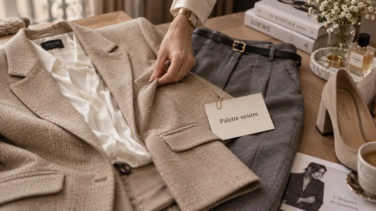 Tenue chic femme : trois pièces en look neutre blazer chemise pantalon